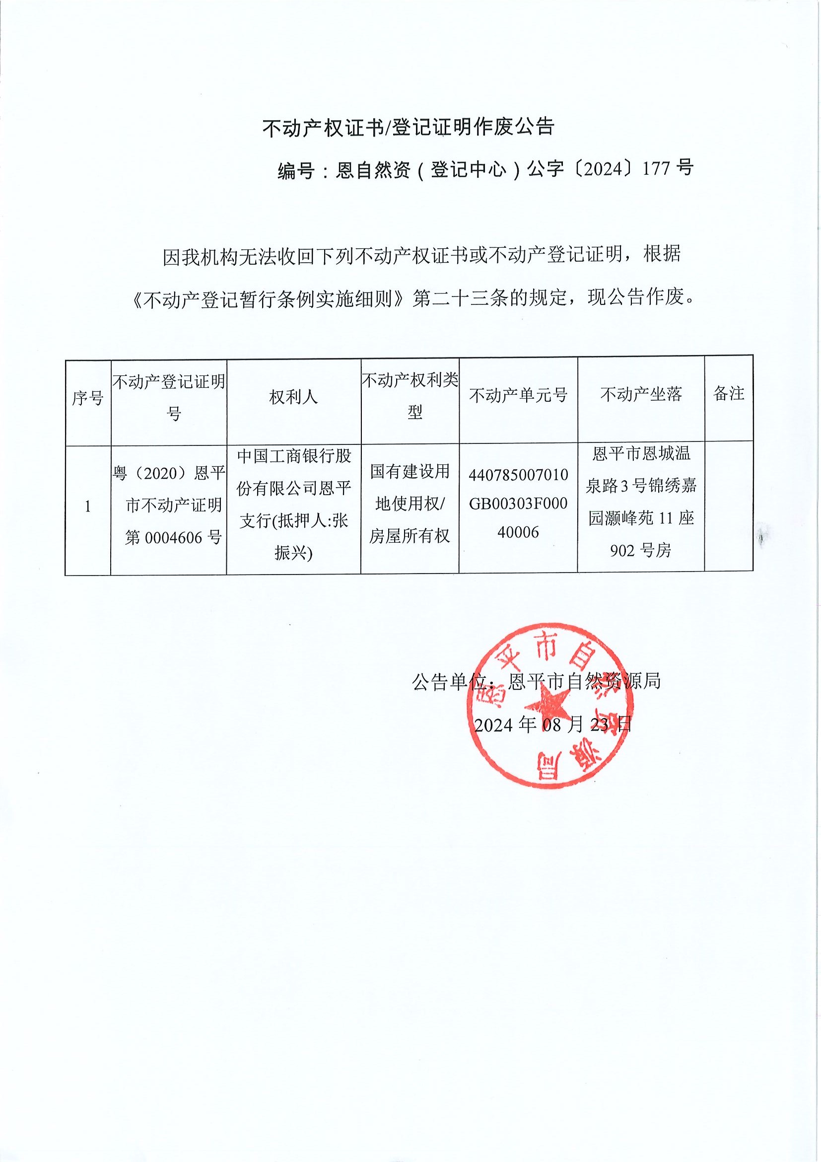 不動(dòng)產(chǎn)權(quán)證書登記證明作廢公告-恩自然資（登記中心）公字〔2024〕177號(hào)-中國工商銀行股份有限公司恩平支行（抵押人：張振興）.jpg